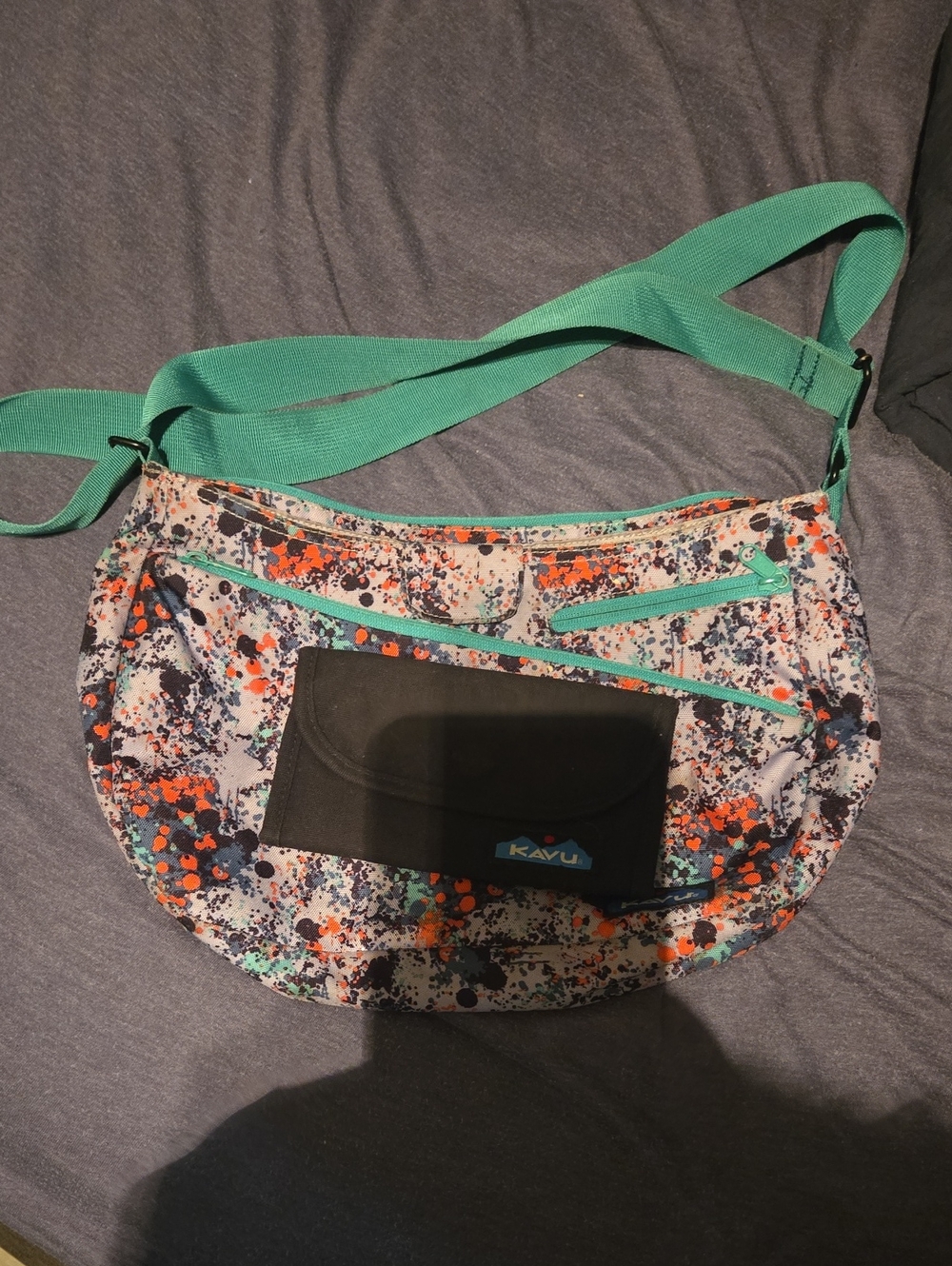 Kavu Multicolor Splatter Crossbody with Teal Strap